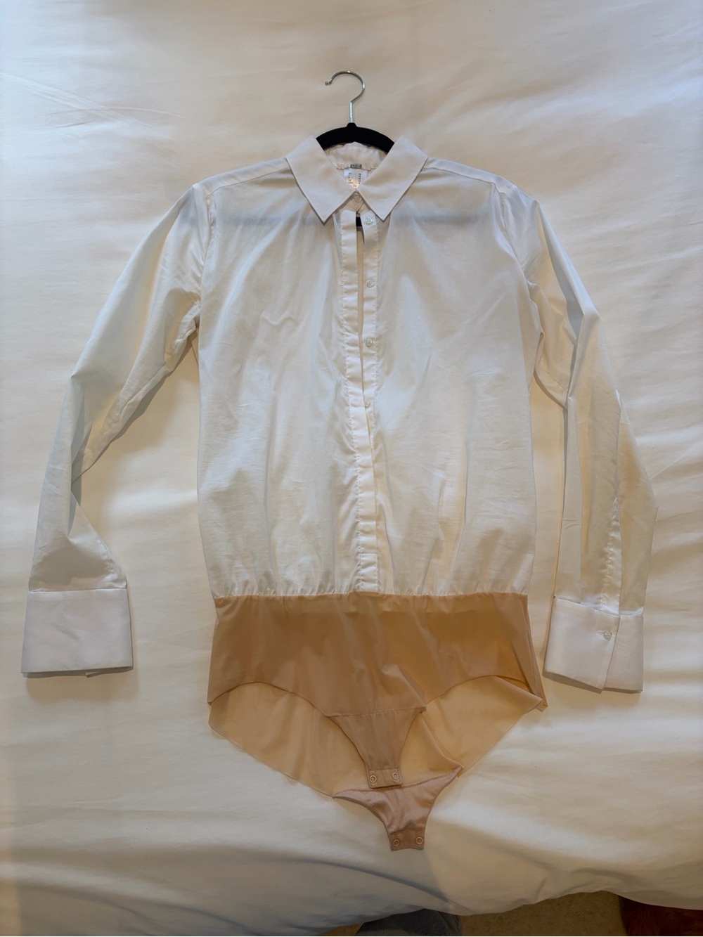 Wolford London Bodysuit White Long-Sleeve Bodysuit Shirt with Tan Panel
